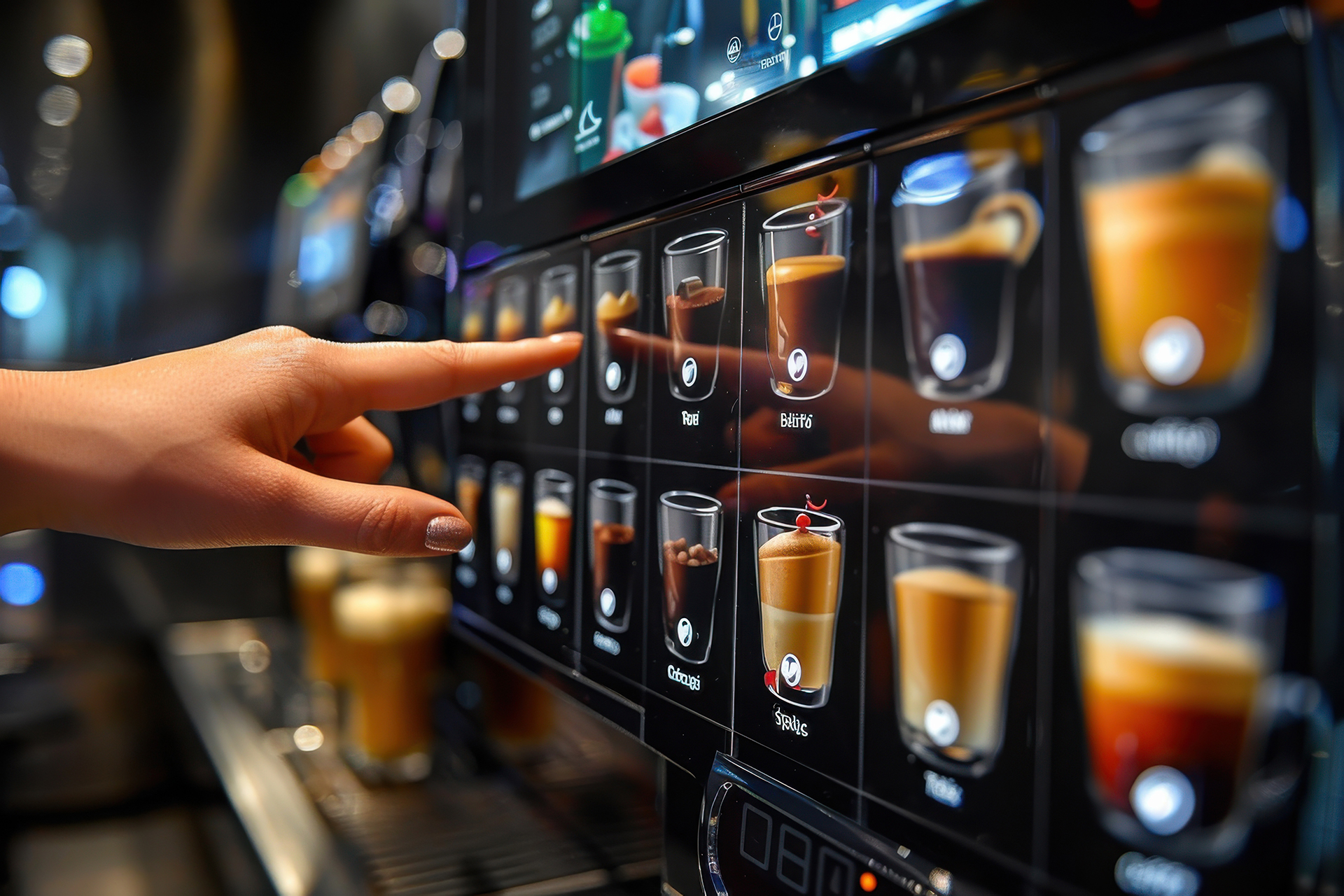 A finger selecting a coffee option on a vending machine